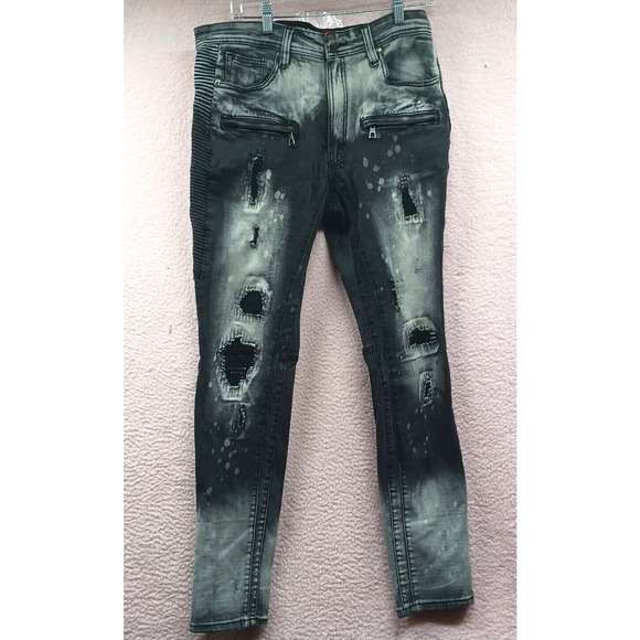 Makobi Jeans Makobi Mens Black Ripped Jeans With Black Patchwork